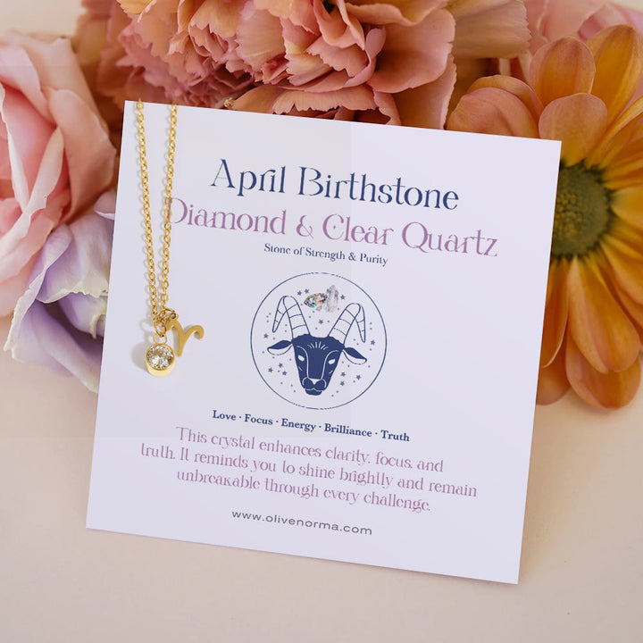 Olivenorma Zodiac Rune Birthstone Stainless Steel Gift Card Necklace - April/Aries&Simulated Diamond - With Zodiac Card - image 6