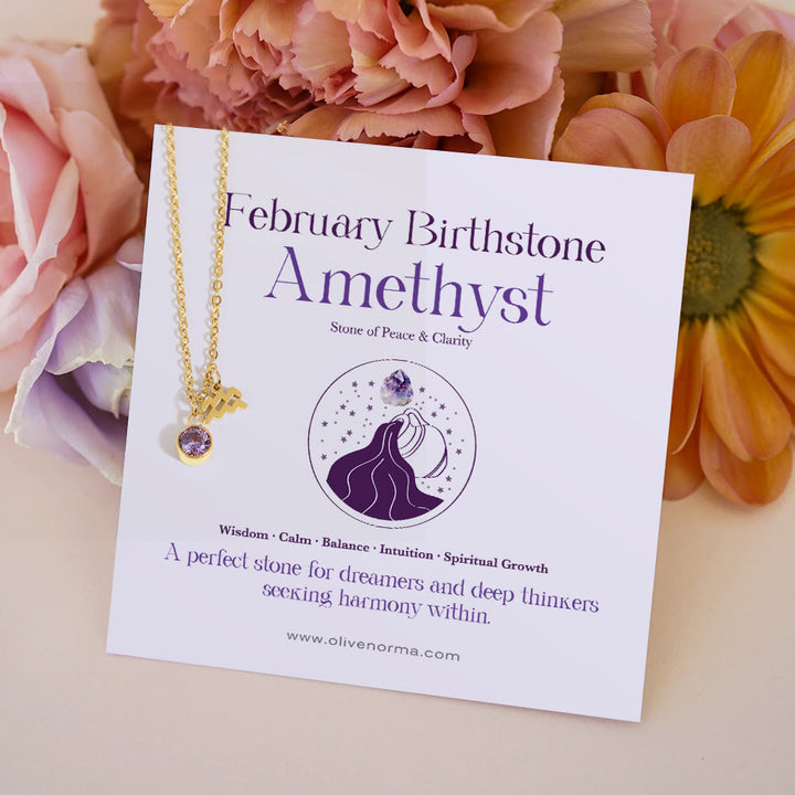 Olivenorma Zodiac Rune Birthstone Stainless Steel Gift Card Necklace - February/Aquarius&Amethyst - With Zodiac Card - image 5