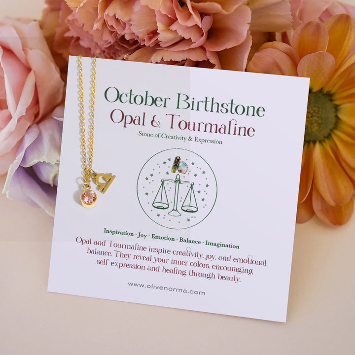 Olivenorma Zodiac Rune Birthstone Stainless Steel Gift Card Necklace - October/Libra&Rose Quartz - With Zodiac Card - image 12