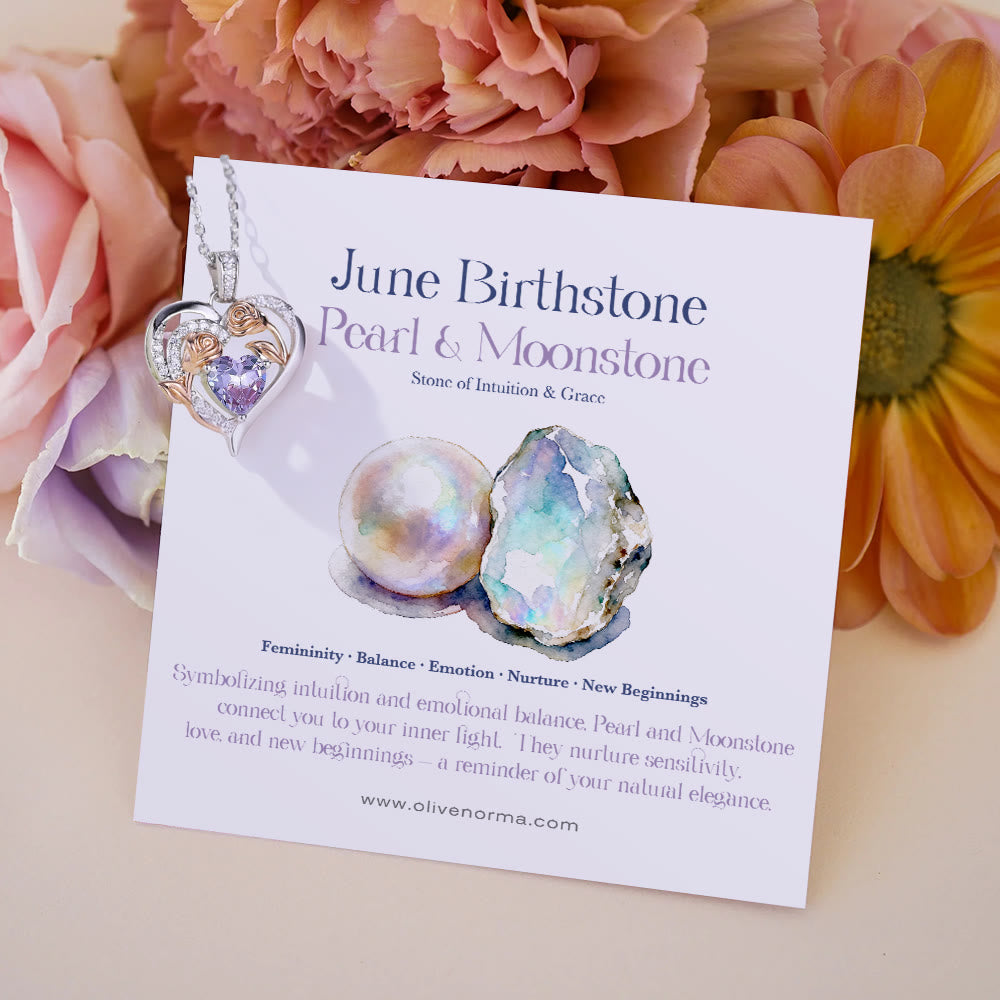 Olivenorma Double Roses Flower Heart Birthstone Gift Card Necklace - June-Pearl&Moonstone - With Birthstone Card - image 13