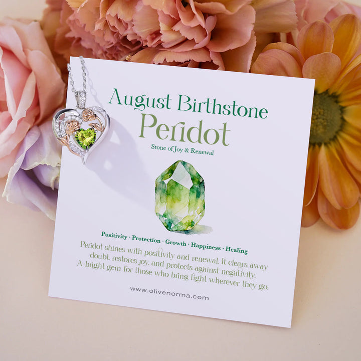 Olivenorma Double Roses Flower Heart Birthstone Gift Card Necklace - August-Peridot - With Birthstone Card - image 17