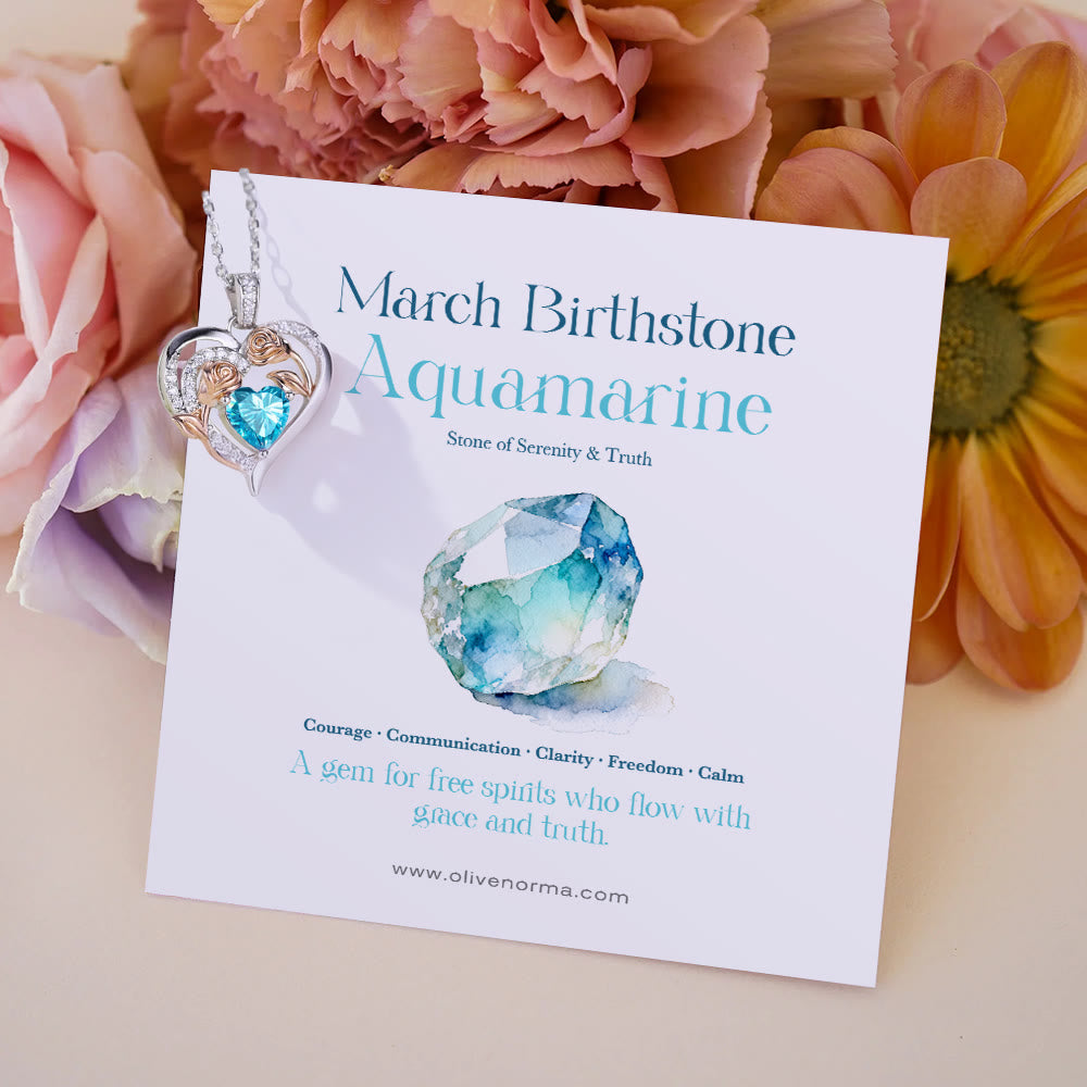 Olivenorma Double Roses Flower Heart Birthstone Gift Card Necklace - March-Aquamarine - With Birthstone Card - image 9