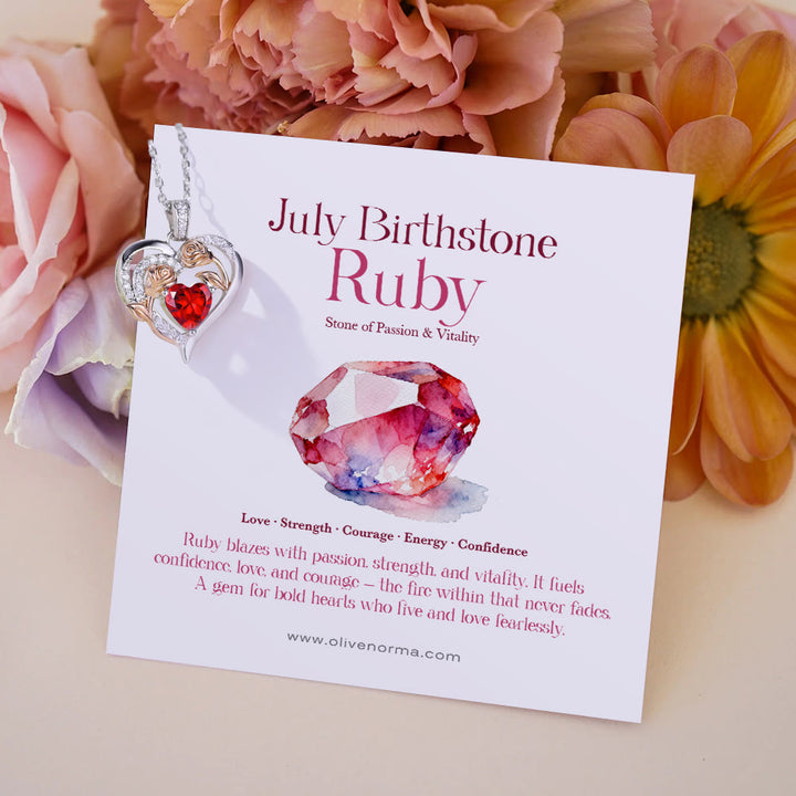 Olivenorma Double Roses Flower Heart Birthstone Gift Card Necklace - July-Ruby - With Birthstone Card - image 15