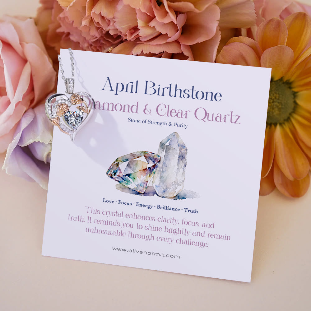 Olivenorma Double Roses Flower Heart Birthstone Gift Card Necklace - April-Diamond&Clear Quartz - With Birthstone Card - image 3