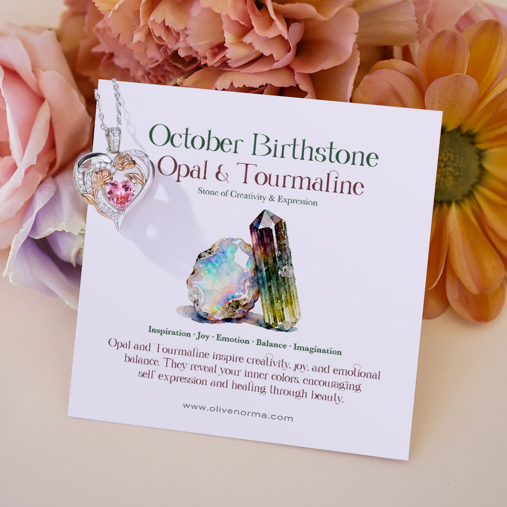 Olivenorma Double Roses Flower Heart Birthstone Gift Card Necklace - October-Opal&Tourmaline - With Birthstone Card - image 21