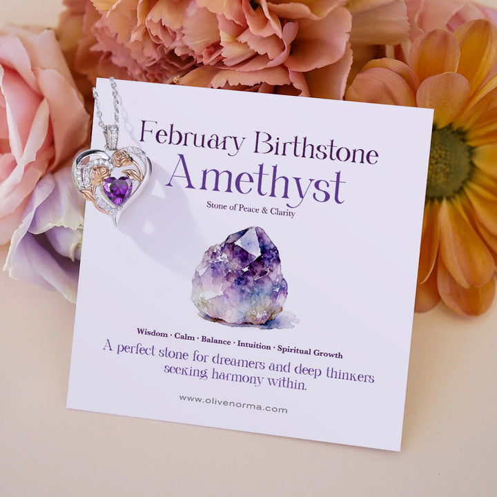 Olivenorma Double Roses Flower Heart Birthstone Gift Card Necklace - February-Amethyst - With Birthstone Card - image 7