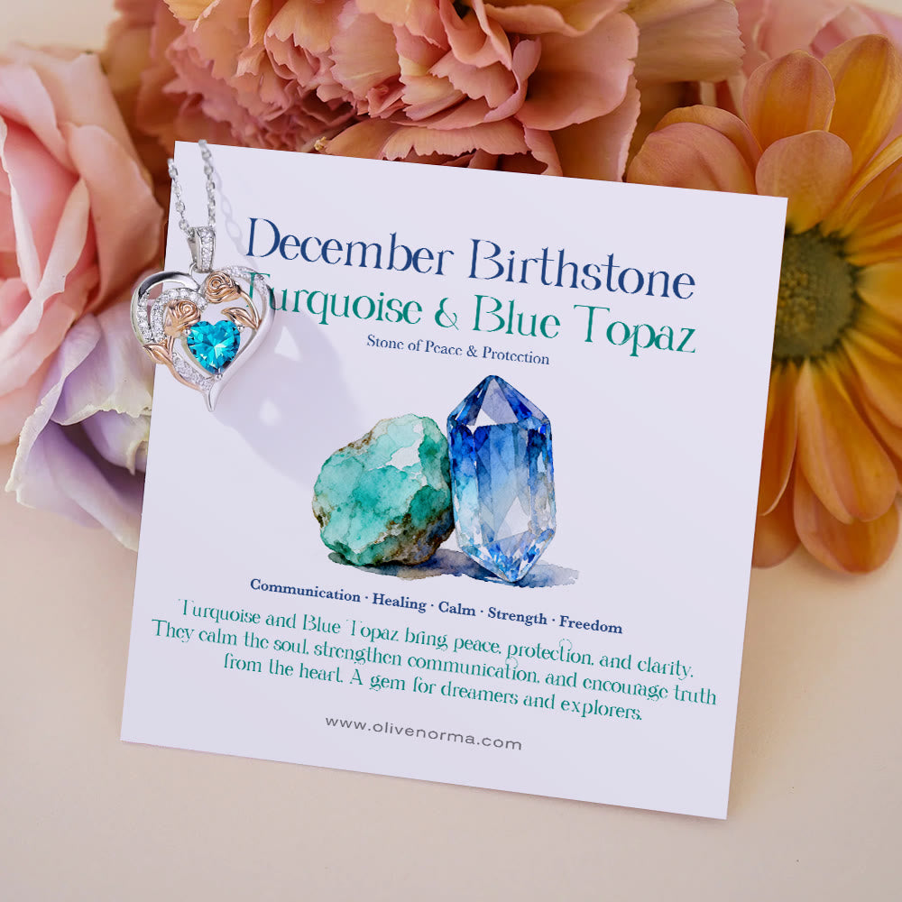 Olivenorma Double Roses Flower Heart Birthstone Gift Card Necklace - December-Turquoise&Blue Topaz - With Birthstone Card - image 25