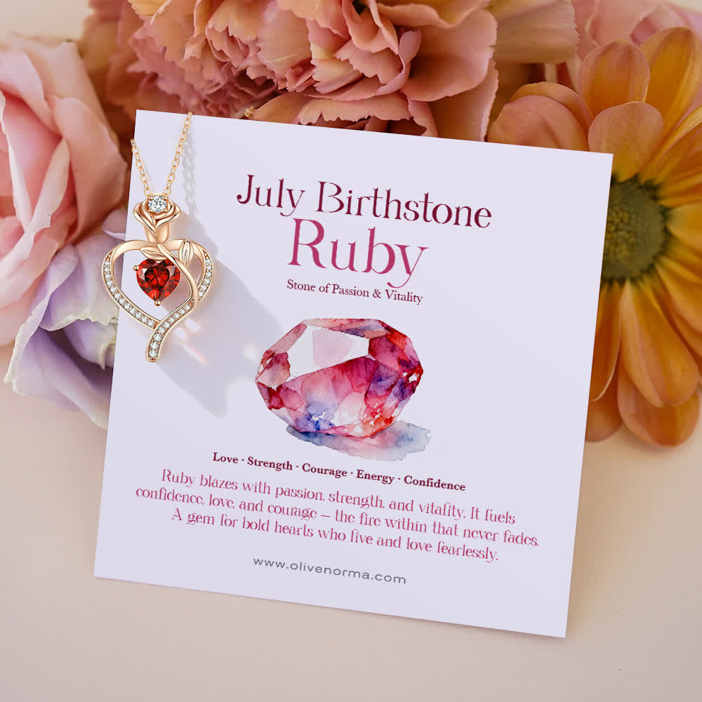 Olivenorma Rose Flower Love Heart Birthstone Gift Card Necklace - July-Ruby - With Birthstone Card - image 3