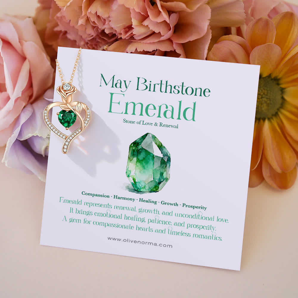 Olivenorma Rose Flower Love Heart Birthstone Gift Card Necklace - May-Emerald - With Birthstone Card - image 14