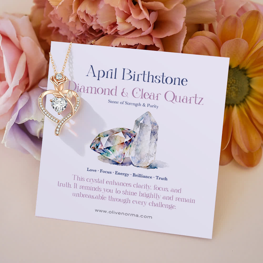 Olivenorma Rose Flower Love Heart Birthstone Gift Card Necklace - April-Diamond&Clear Quartz - With Birthstone Card - image 12
