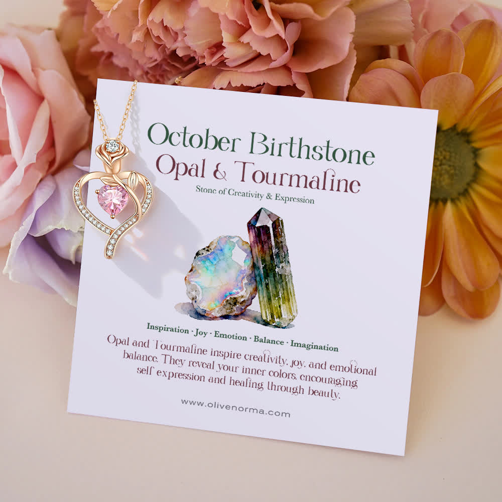 Olivenorma Rose Flower Love Heart Birthstone Gift Card Necklace - October-Opal&Tourmaline - With Birthstone Card - image 22