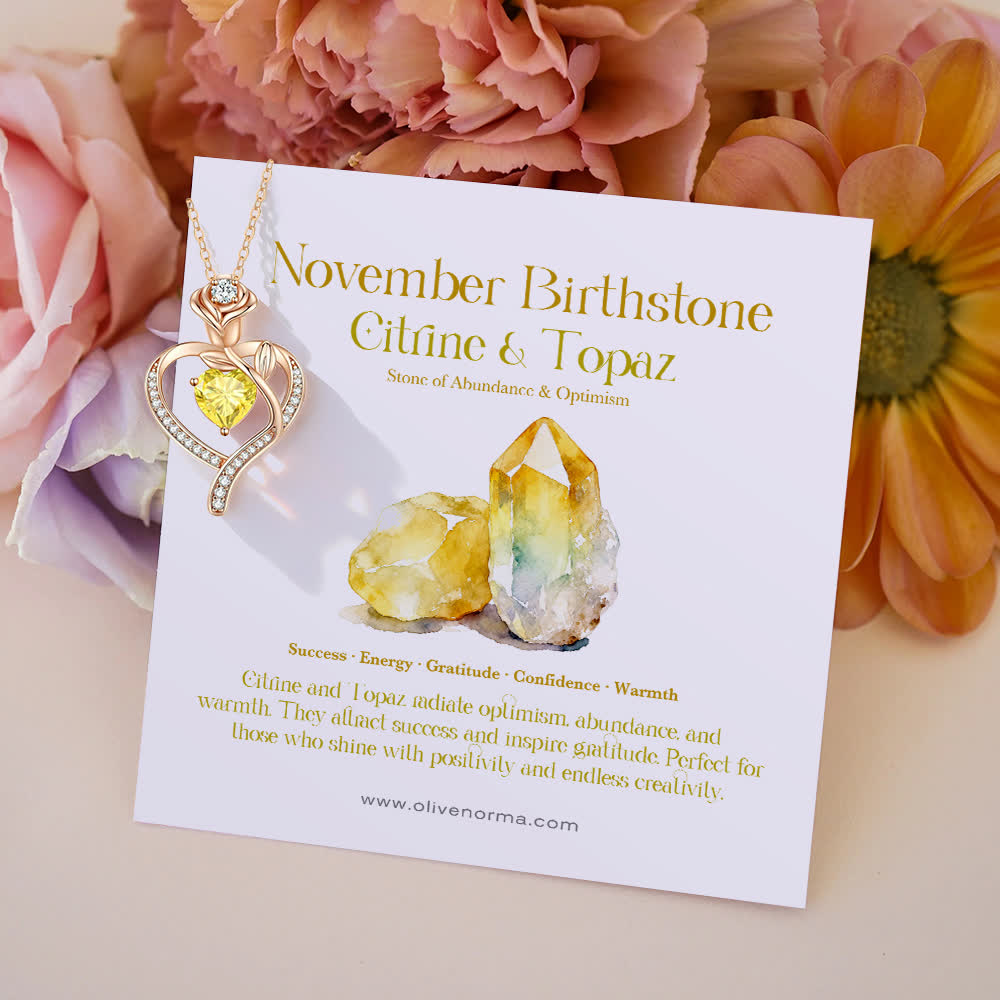 Olivenorma Rose Flower Love Heart Birthstone Gift Card Necklace - November-Citrine&Topaz - With Birthstone Card - image 24