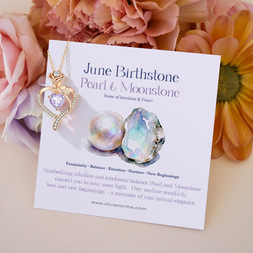Olivenorma Rose Flower Love Heart Birthstone Gift Card Necklace - June-Pearl&Moonstone - With Birthstone Card - image 16