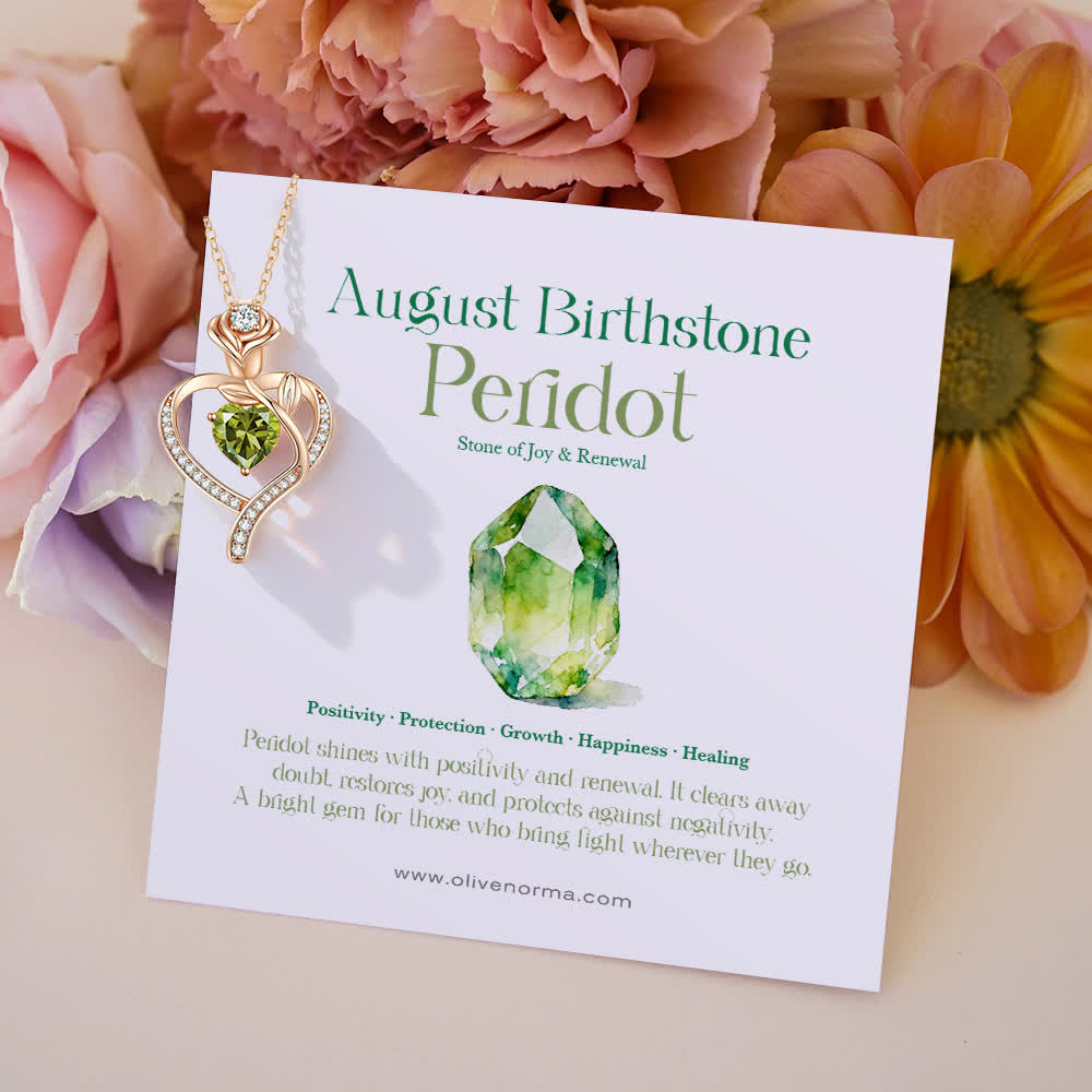 Olivenorma Rose Flower Love Heart Birthstone Gift Card Necklace - August-Peridot - With Birthstone Card - image 18