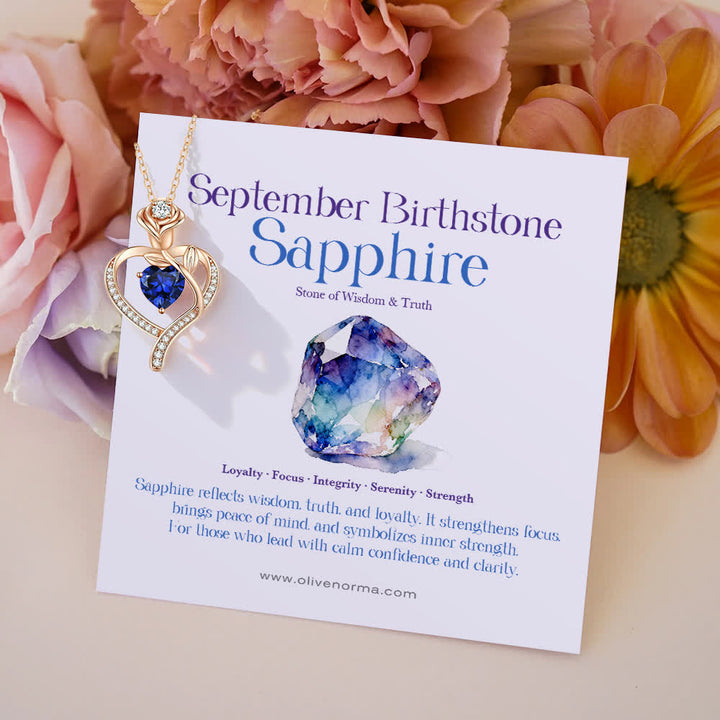 Olivenorma Rose Flower Love Heart Birthstone Gift Card Necklace - September-Sapphire - With Birthstone Card - image 20