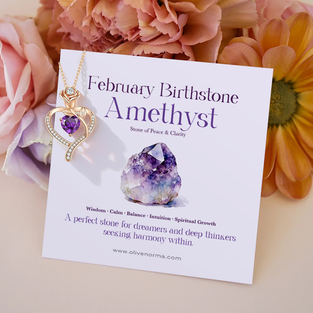 Olivenorma Rose Flower Love Heart Birthstone Gift Card Necklace - February-Amethyst - With Birthstone Card - image 8