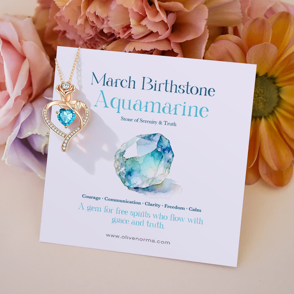 FREE Today: Rose Flower Love Heart Birthstone Gift Card Necklace - March-Aquamarine - With Birthstone Card - image 12