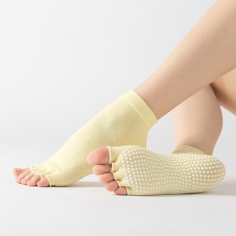 Olivenorma Toeless Non-Slip Pilates Grip Socks – Colorful Five-Toe Ankle Yoga Barre Socks for Women with PVC Anti-Slip Sole, Breathable Cotton Workout Socks - Solid Color&Light Yellow - 10 Pairs - image 9
