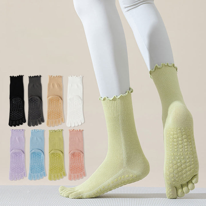 Olivenorma Lace Five-Toe Mid-Calf Breathable Anti-Slip Pilates Barre Socks for Women with Toe Separation, Elegant Lace Design & Grip Sole Yoga Socks - image 0