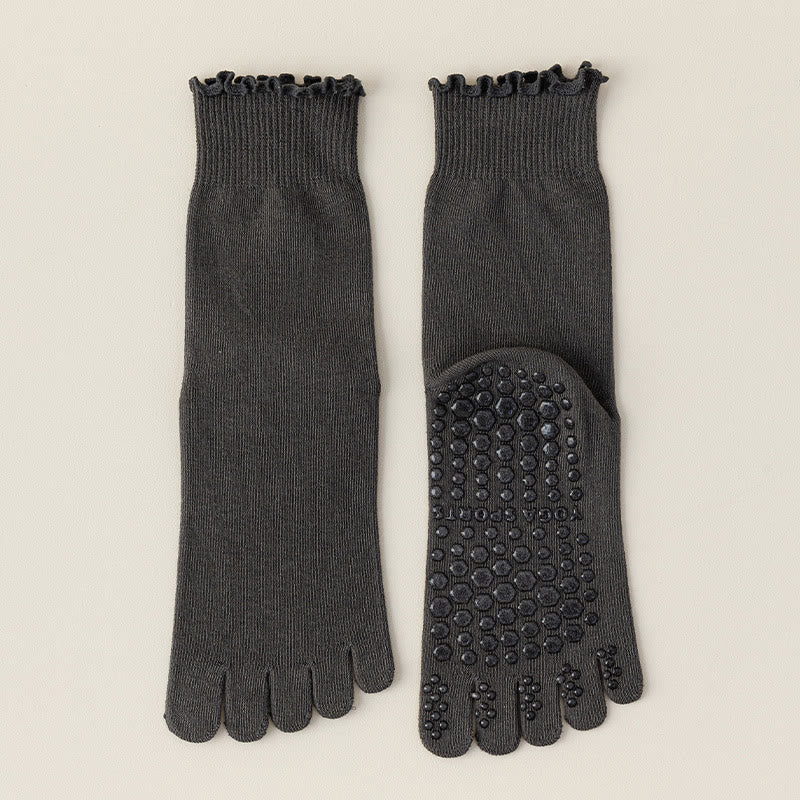Olivenorma Lace Five-Toe Mid-Calf Breathable Anti-Slip Pilates Barre Socks for Women with Toe Separation, Elegant Lace Design & Grip Sole Yoga Socks - Dark Gray - 10 Pairs - image 3
