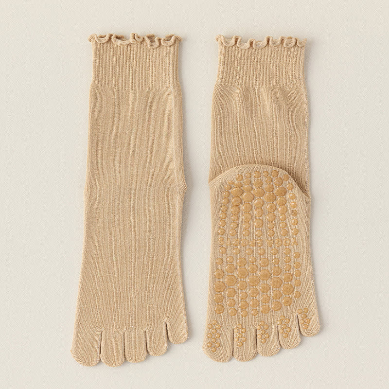 Olivenorma Lace Five-Toe Mid-Calf Breathable Anti-Slip Pilates Barre Socks for Women with Toe Separation, Elegant Lace Design & Grip Sole Yoga Socks - Khaki - 10 Pairs - image 4