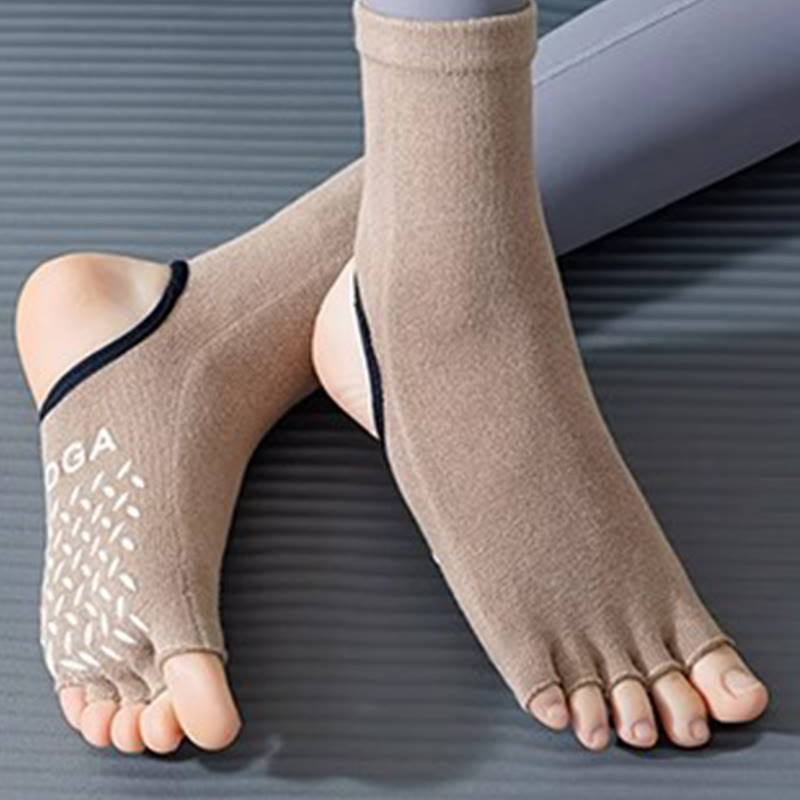 Olivenorma Women's Non-Slip Grip Pilates Barre Socks with Breathable Toe Separation & Stable Studio Training Design Open-Toe Five-Toe Yoga Socks - Khaki - 10 Pairs - image 6