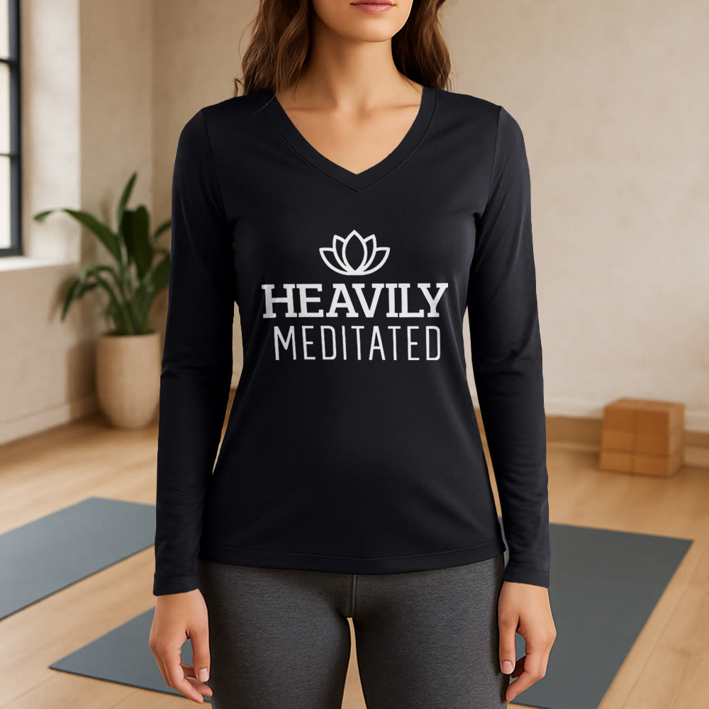 Olivenorma Heavily Meditated Lotus Long Sleeve V-Neck T-Shirt - Black - 3XL - image 9