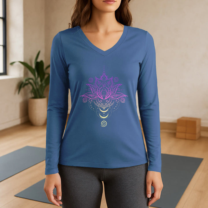Olivenorma OM Lotus Flower Long Sleeve V-Neck T-Shirt - Blue - 3XL - image 12