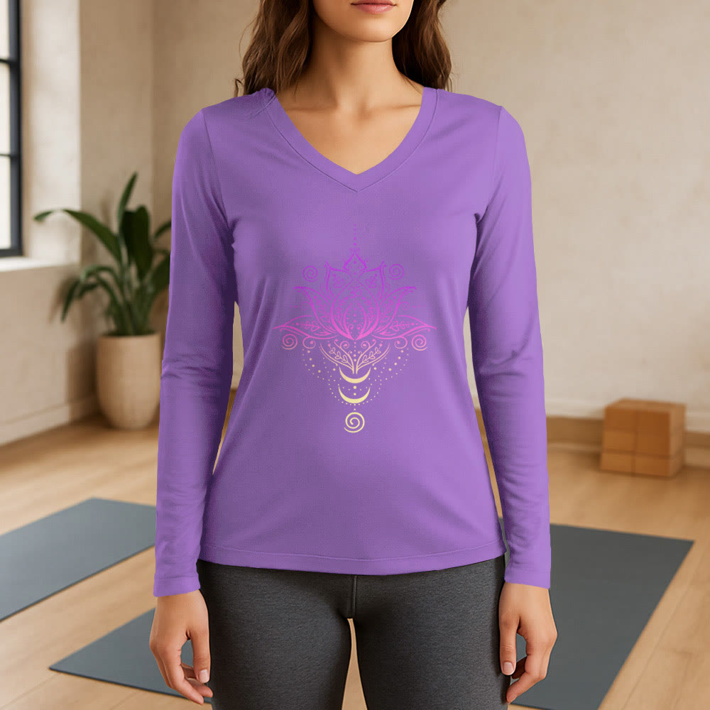 Olivenorma OM Lotus Flower Long Sleeve V-Neck T-Shirt - Purple - 3XL - image 14