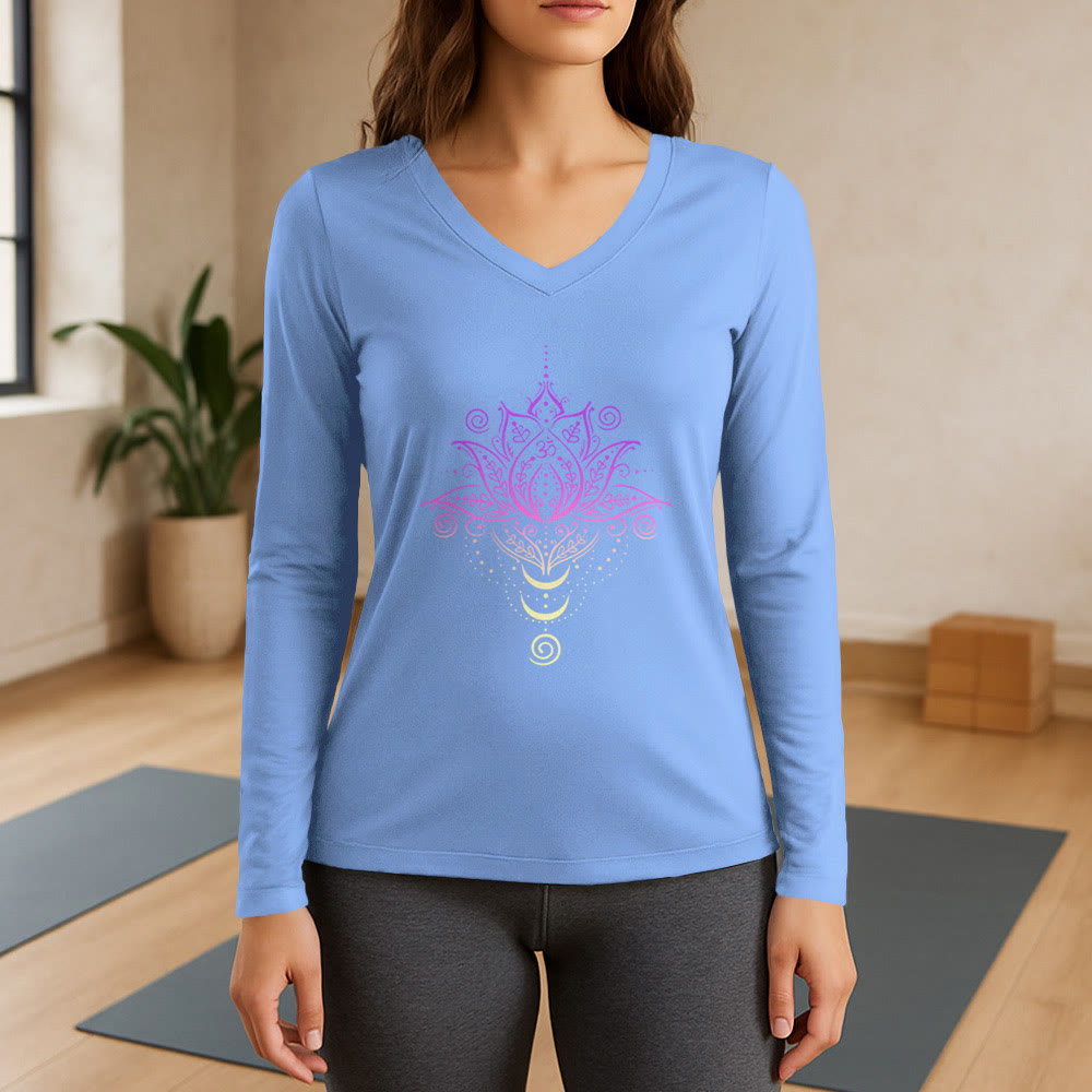 Olivenorma OM Lotus Flower Long Sleeve V-Neck T-Shirt - Light Blue - 3XL - image 10