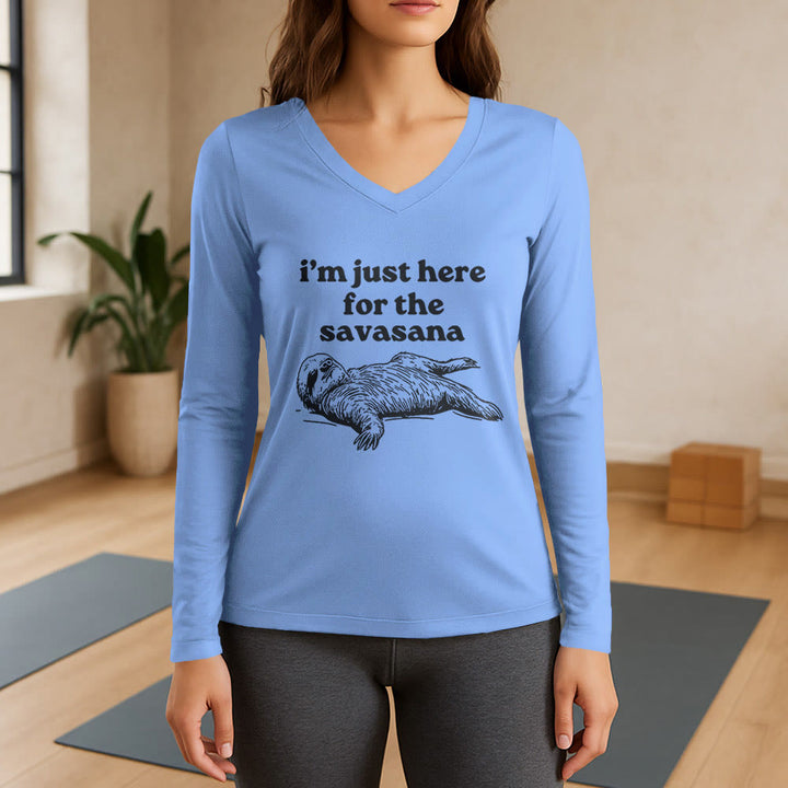 Olivenorma I'm Just Here for Savasana Long Sleeve V-Neck T-Shirt - Light Blue - 3XL - image 11