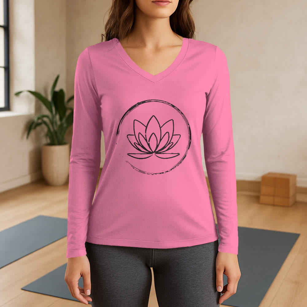 Olivenorma Boho Lotus Flower Long Sleeve V-Neck T-Shirt - Pink - 3XL - image 13