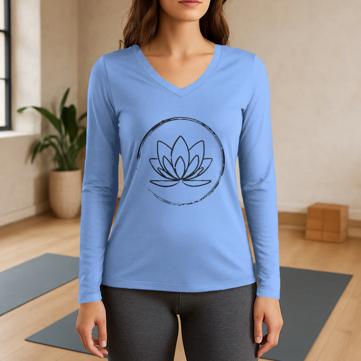 Olivenorma Boho Lotus Flower Long Sleeve V-Neck T-Shirt - Light Blue - 3XL - image 10