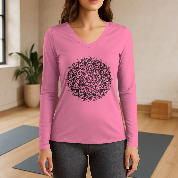 Olivenorma Lotus Flower Geometric Pattern Yoga Long Sleeve V-Neck T-Shirt - Pink - 3XL - image 13