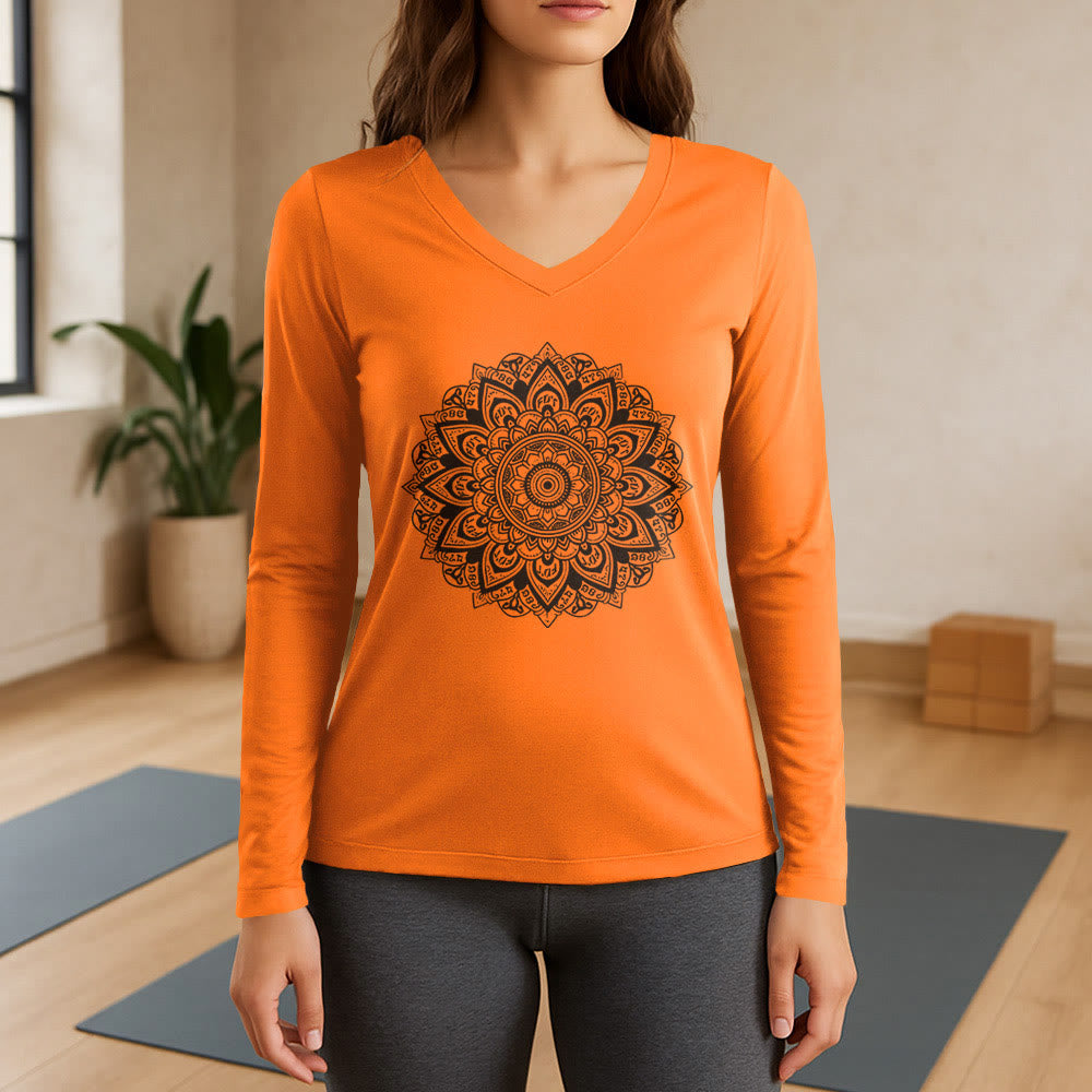 Olivenorma Lotus Flower Geometric Pattern Yoga Long Sleeve V-Neck T-Shirt - Orange - 3XL - image 15