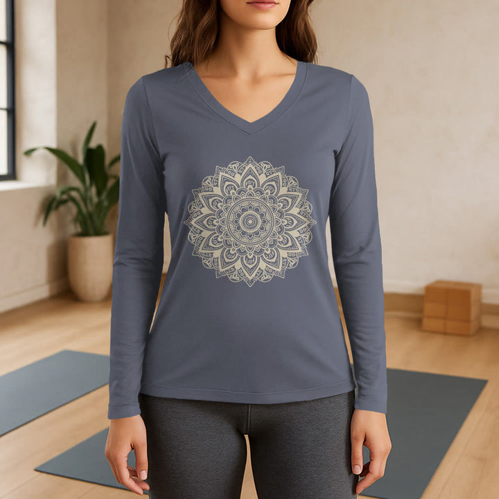 Olivenorma Lotus Flower Geometric Pattern Yoga Long Sleeve V-Neck T-Shirt - Gray - 3XL - image 16