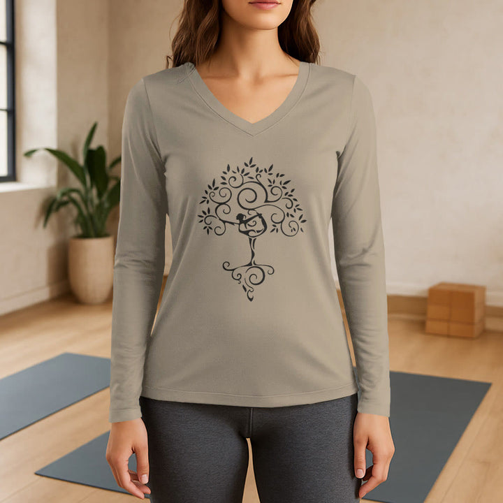 Olivenorma Yoga Tree Pose Long Sleeve V-Neck T-Shirt - Khaki - 3XL - image 18