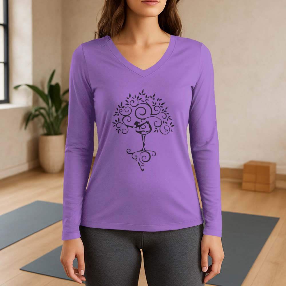 Olivenorma Yoga Tree Pose Long Sleeve V-Neck T-Shirt - Purple - 3XL - image 15