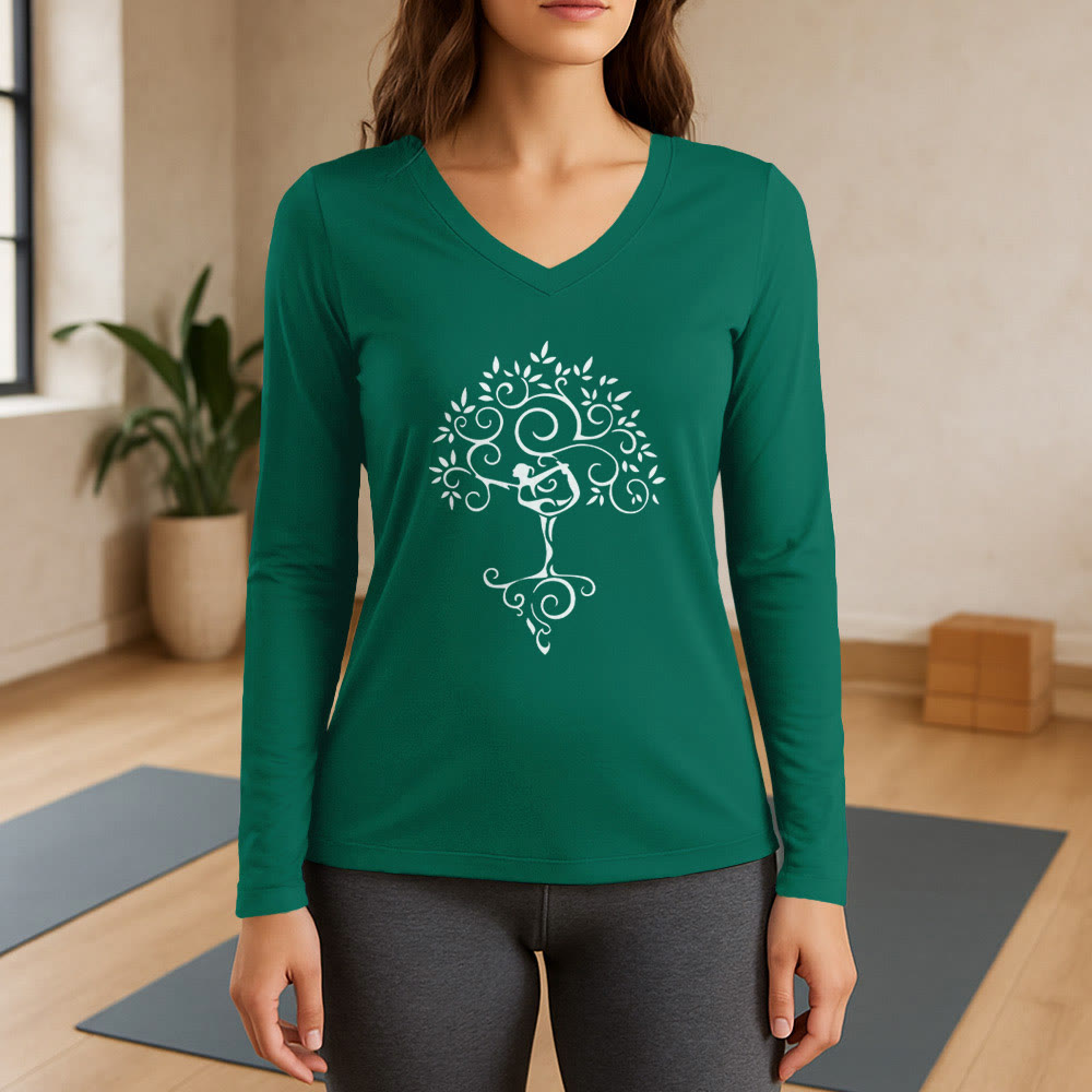 Olivenorma Yoga Tree Pose Long Sleeve V-Neck T-Shirt - Green - 3XL - image 2