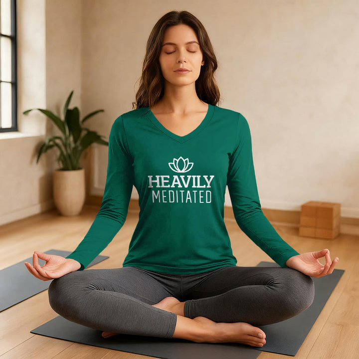 Olivenorma Heavily Meditated Lotus Long Sleeve V-Neck T-Shirt - image 5