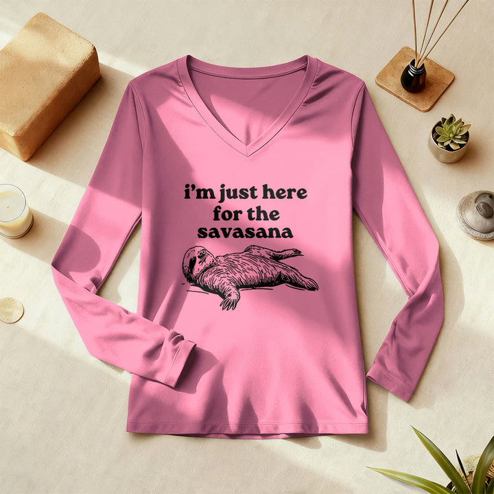 Olivenorma I'm Just Here for Savasana Long Sleeve V-Neck T-Shirt - image 0