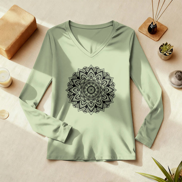 Olivenorma Lotus Flower Geometric Pattern Yoga Long Sleeve V-Neck T-Shirt - image 1