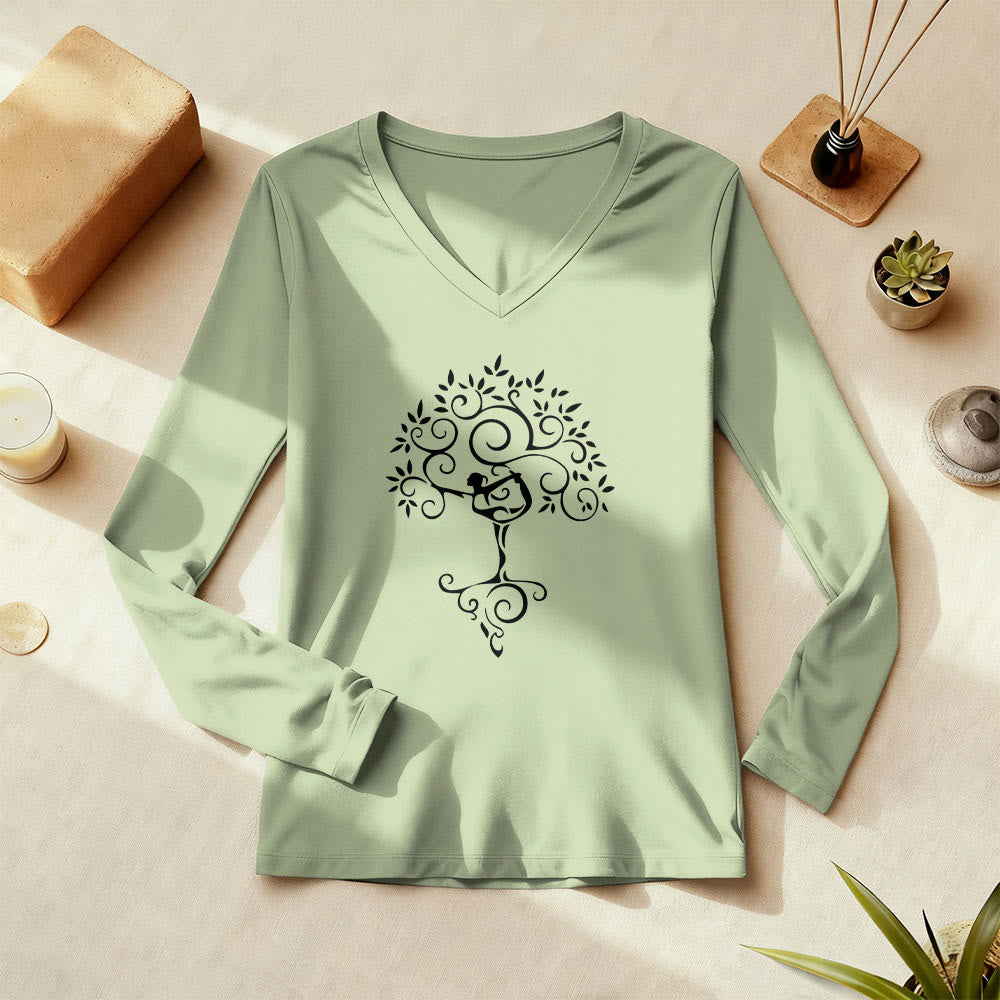 Olivenorma Yoga Tree Pose Long Sleeve V-Neck T-Shirt - Light Green - 3XL - image 0