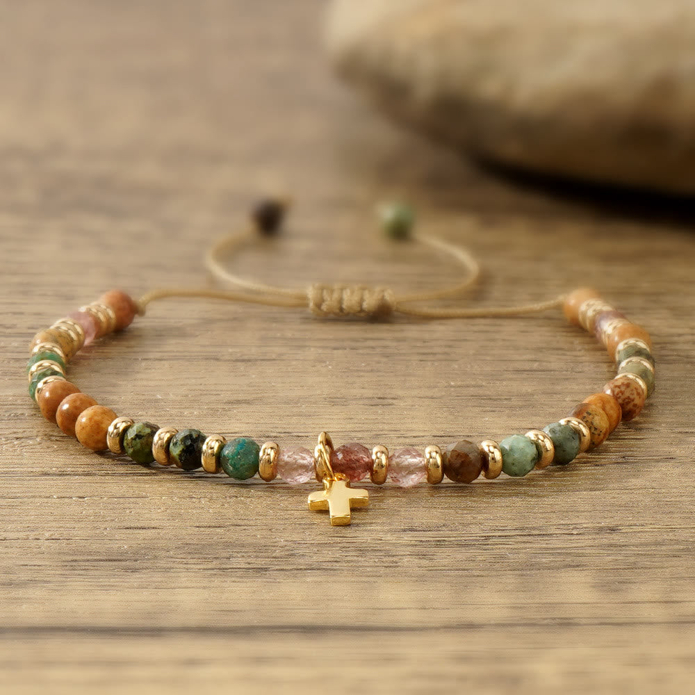 Olivenorma Boho Colorful Natural Stone Layered Cross Bracelet - image 1