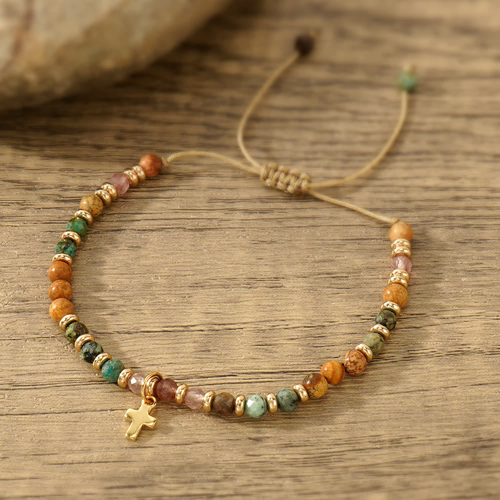 Olivenorma Boho Colorful Natural Stone Layered Cross Bracelet - Strawberry Quartz&African Turquoise&Picture Jasper - image 0