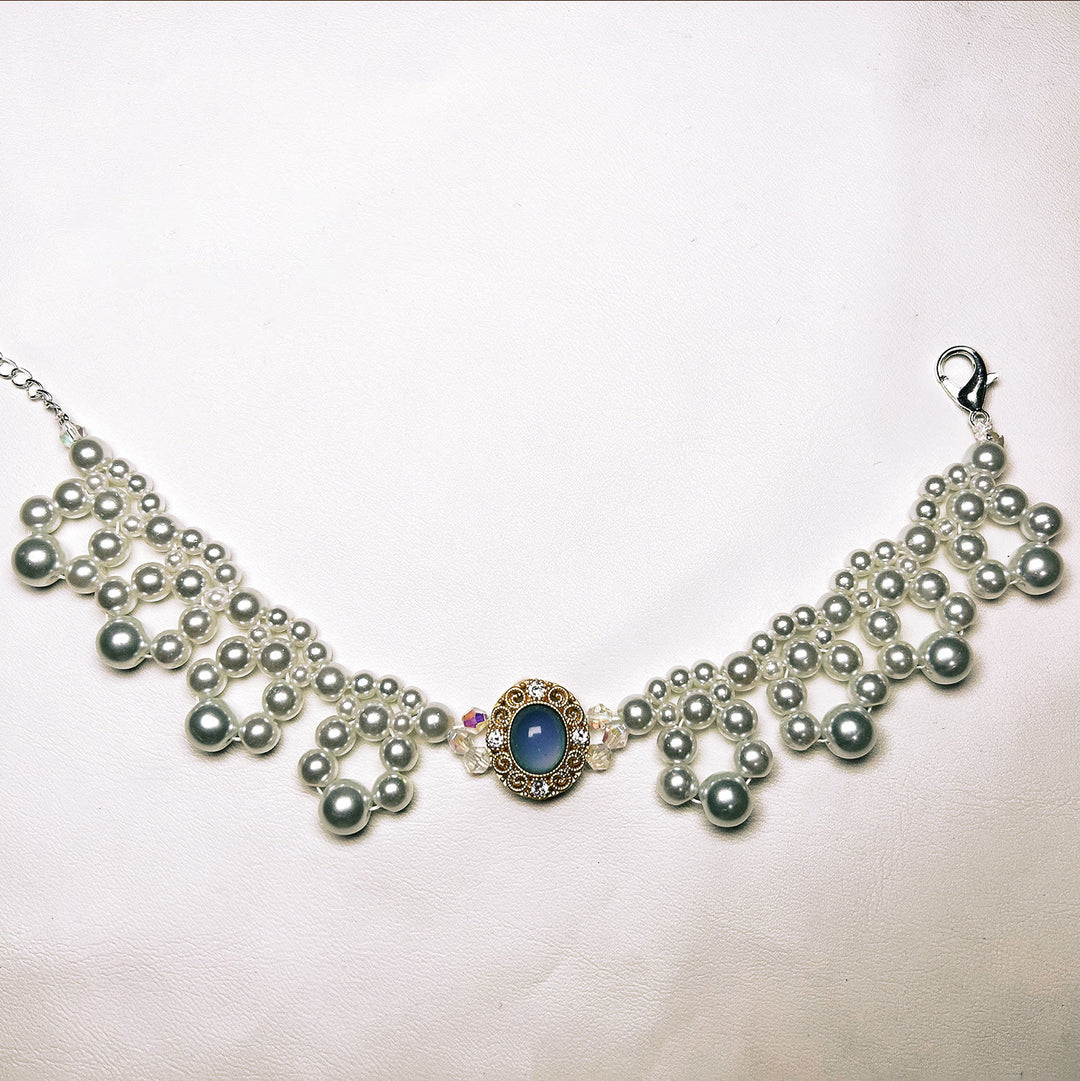 Olivenorma Handmade Pearl Vintage Pet Collar Necklace - Cat's Eye&Freshwater Pearl - Blue - XL(35-43cm) - image 4