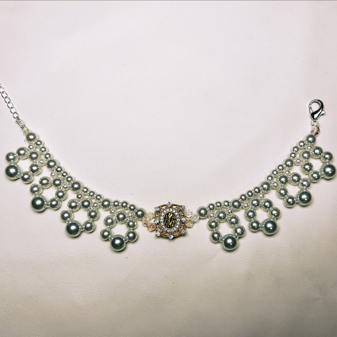 Olivenorma Handmade Pearl Vintage Pet Collar Necklace - Cat's Eye&Freshwater Pearl - Deep Green - XL(35-43cm) - image 5