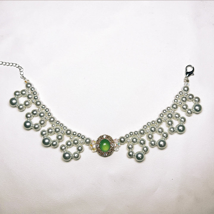 Olivenorma Handmade Pearl Vintage Pet Collar Necklace - Cat's Eye&Freshwater Pearl - Green - XL(35-43cm) - image 3