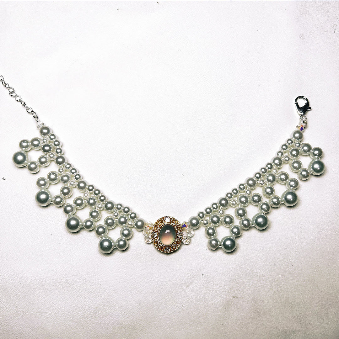 Olivenorma Handmade Pearl Vintage Pet Collar Necklace - Cat's Eye&Freshwater Pearl - Pink - XL(35-43cm) - image 2
