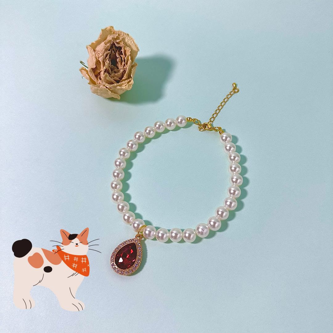 Olivenorma Natural Crystal Cute Kitten Elegant Pearl Pet Collar - Red Zircon - L(30+5cm) - image 1